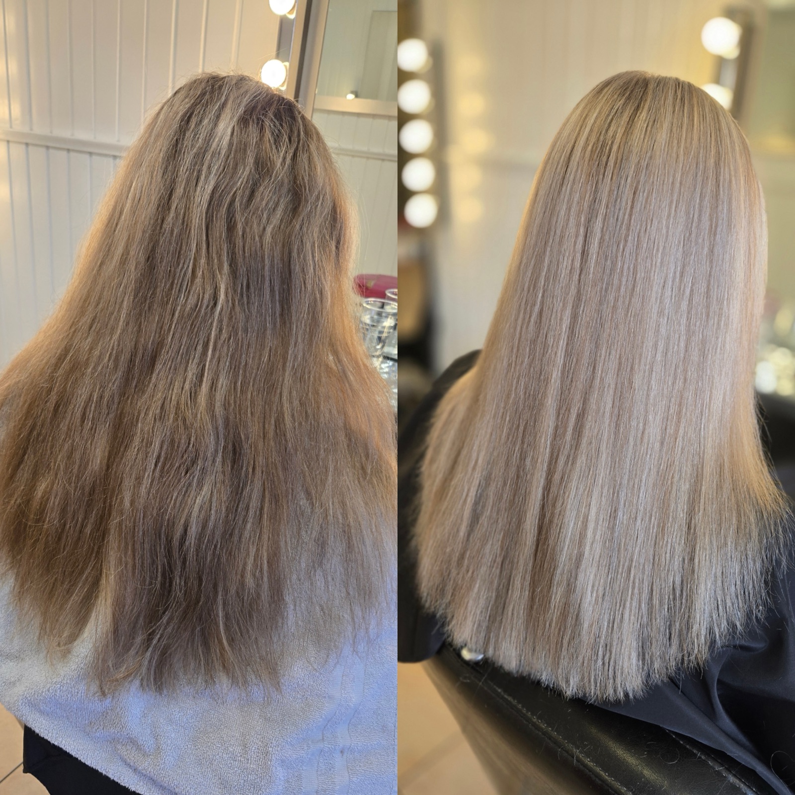 Avant / après : cheveux abîmés devenus blond lisse et brillant