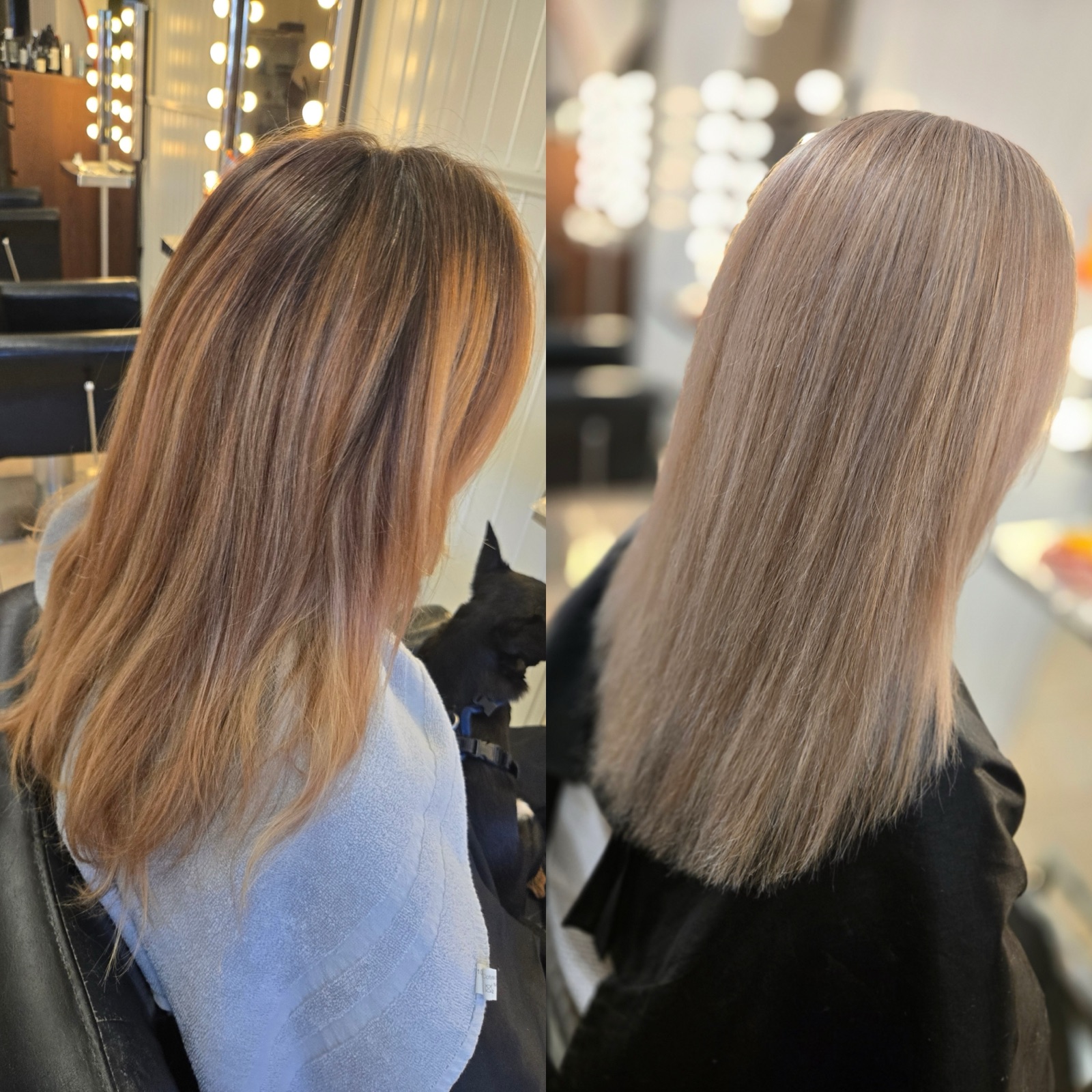 Avant / après : couleur cuivrée transformée en blond cendré