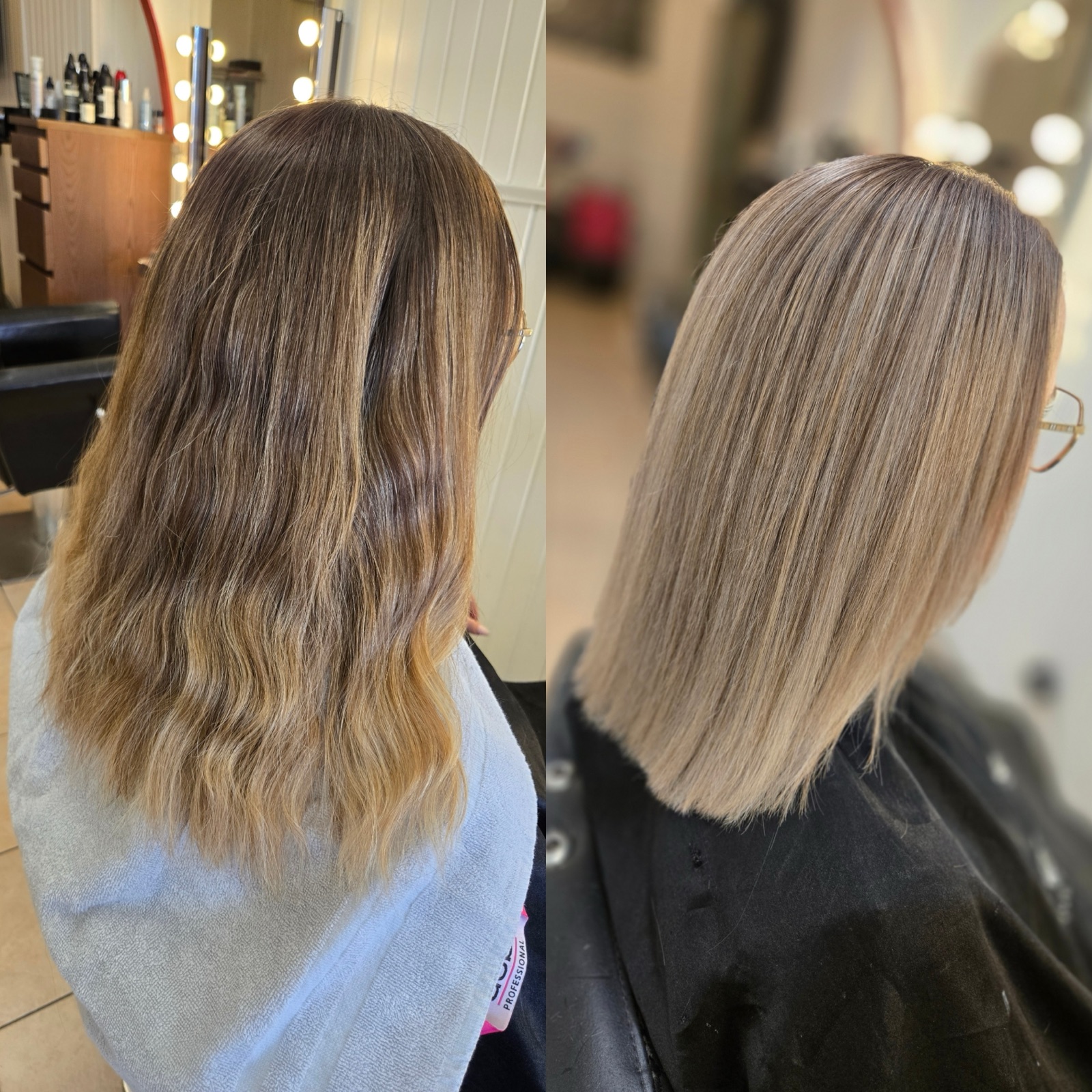 Avant / après : châtain terne devenu carré blond lumineux