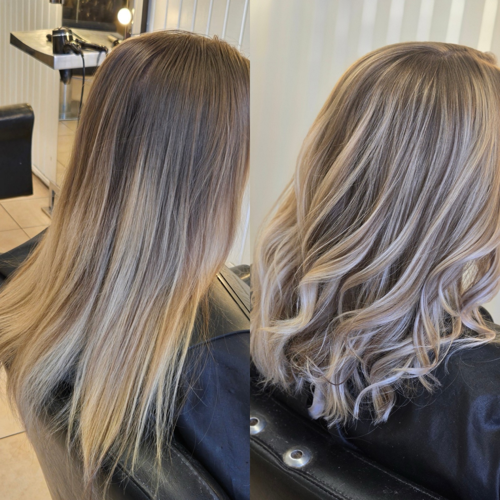 Avant / après : racines marquées fondues en blond froid ondulé