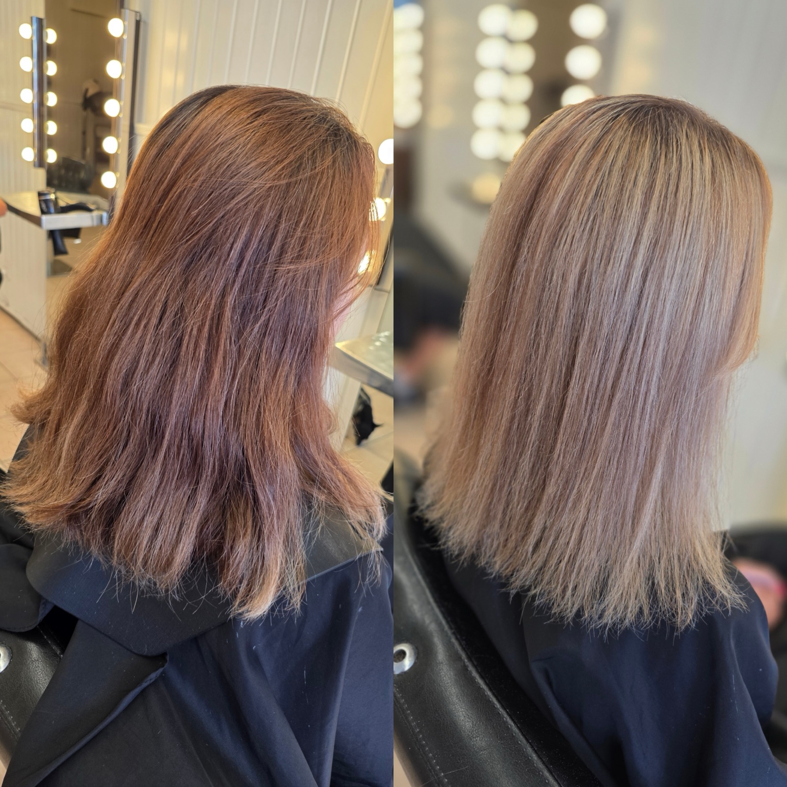 Avant / après : roux chaleureux devenu blond beige